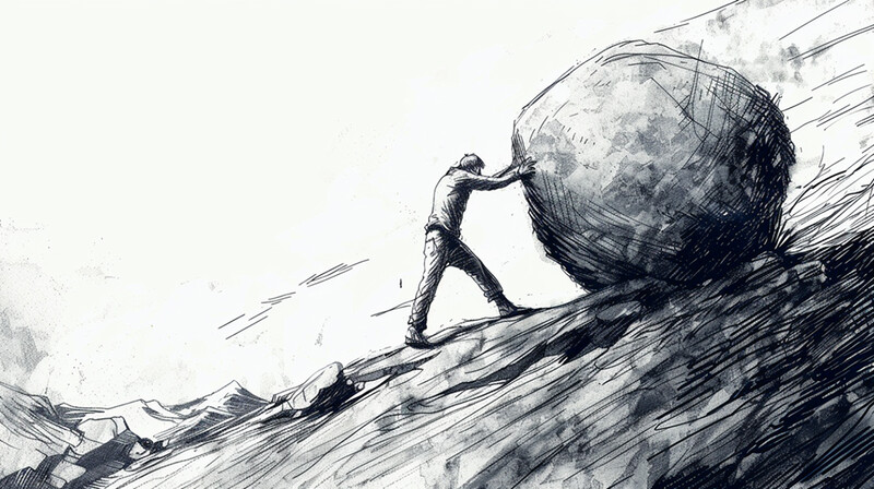 Illustration of a figure pushing a large sphere up an inclined slope.