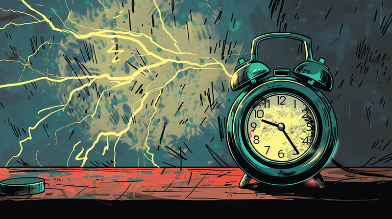 Illustration of a turquoise alarm clock on a red surface with dynamic yellow lightning bolts and black marks against a teal background.