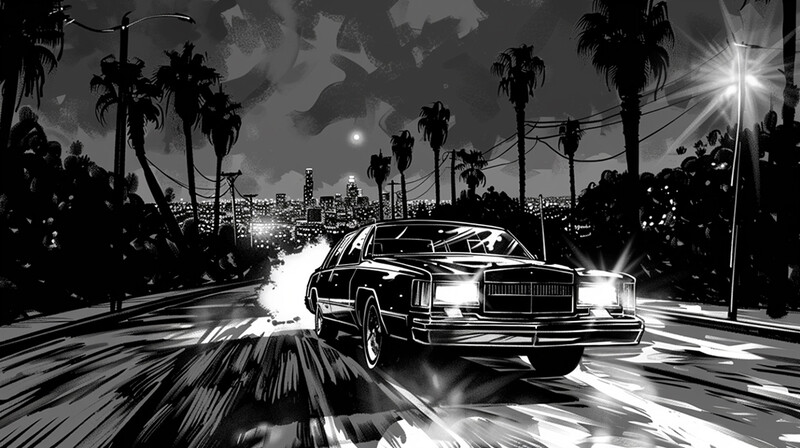Illustration of a vintage car driving at high speed down a palm-lined street at night.