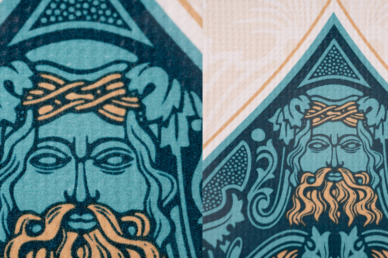 Decorative illustration showing two bearded male faces with ornate headpieces and flowing mustaches in teal and gold tones.