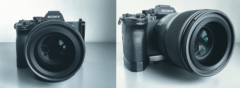 Two Sony mirrorless cameras displayed front and side angles with attached lenses against neutral background.