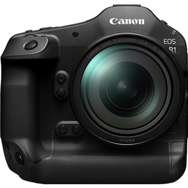 Canon EOS R1 mirrorless camera with integrated battery grip and standard zoom lens attached.