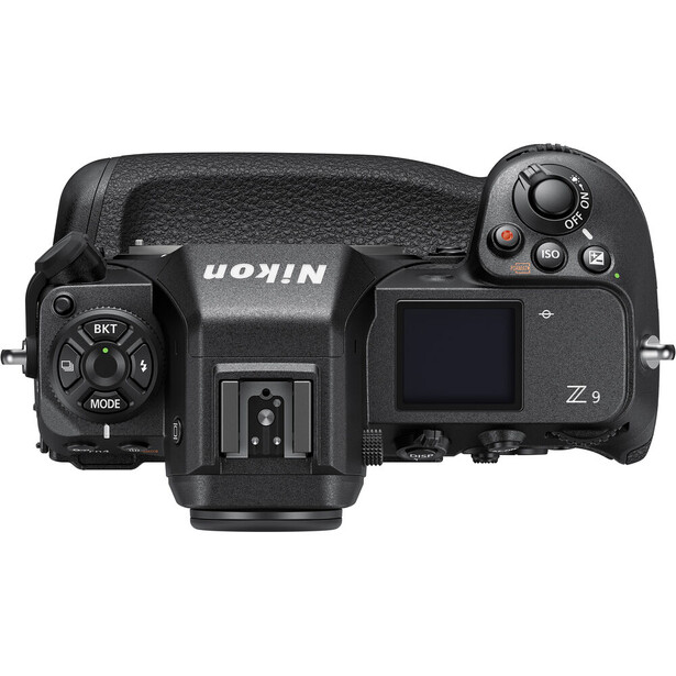 Top-down view of a Nikon Z9 mirrorless camera body in black with visible controls and LCD screen.