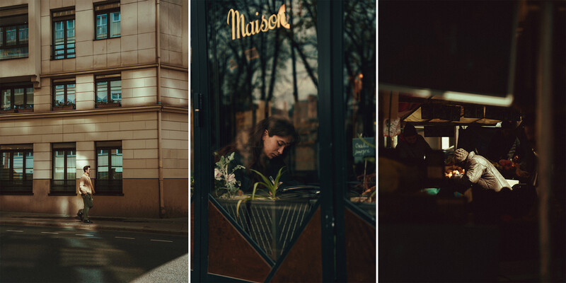 Triptych of urban nighttime scenes showing figures in architectural and retail spaces with warm artificial lighting.