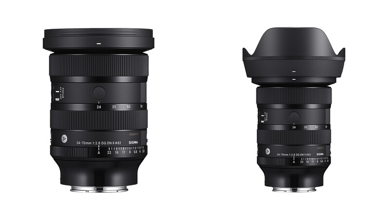 Two black camera lenses shown side by side with different hood designs against white background.