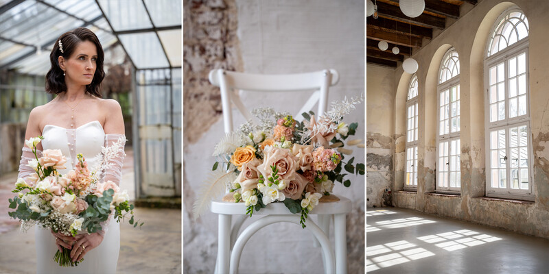 Bride holding peachy-toned bouquet in lace-sleeved white gown, displayed alongside floral arrangement on chair and sunlit architectural interior.