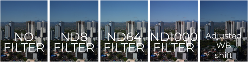 Comparison of five neutral density filter effects on an urban skyline photograph.