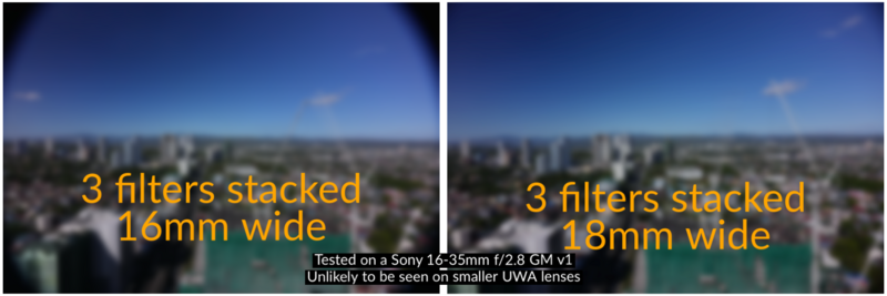 Side-by-side aerial cityscape comparison showing stacked filter widths of 16mm versus 18mm on a wide-angle lens.
