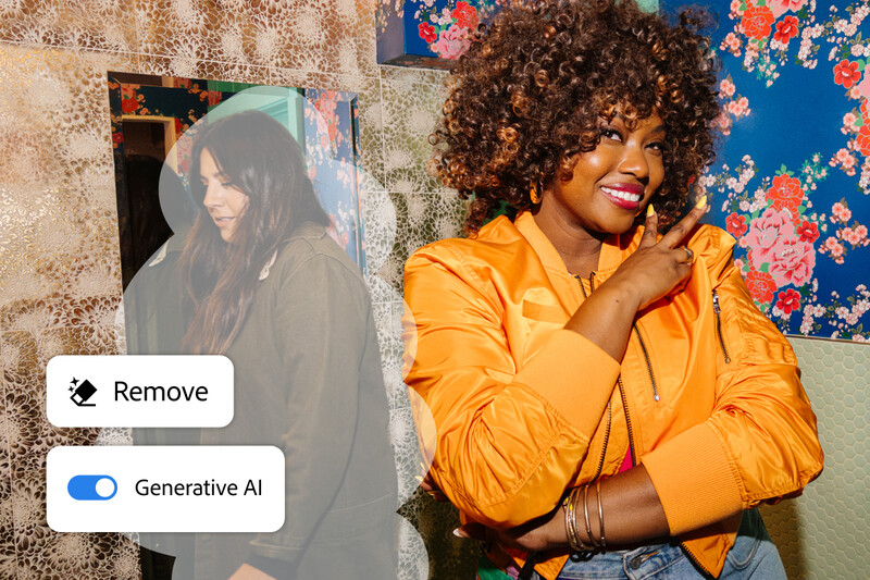 Screenshot showing photo editing software interface with Remove and Generative AI toggles next to portrait of woman in yellow jacket.