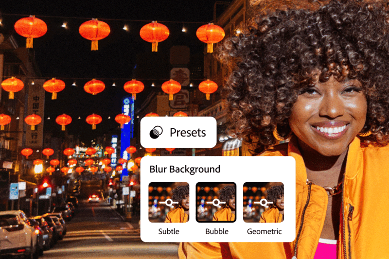 Screenshot showing portrait with blur background presets menu displaying subtle, bubble, and geometric options.