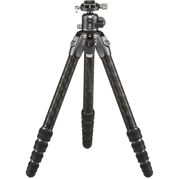 Professional carbon fiber tripod with ball head and extended center column against white background.