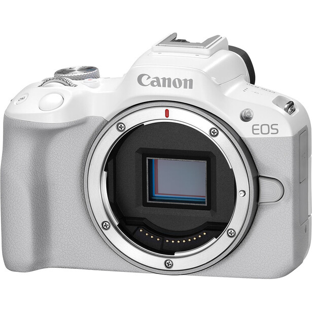 Canon EOS R50 mirrorless camera body in white, shown from front with open sensor mount visible.