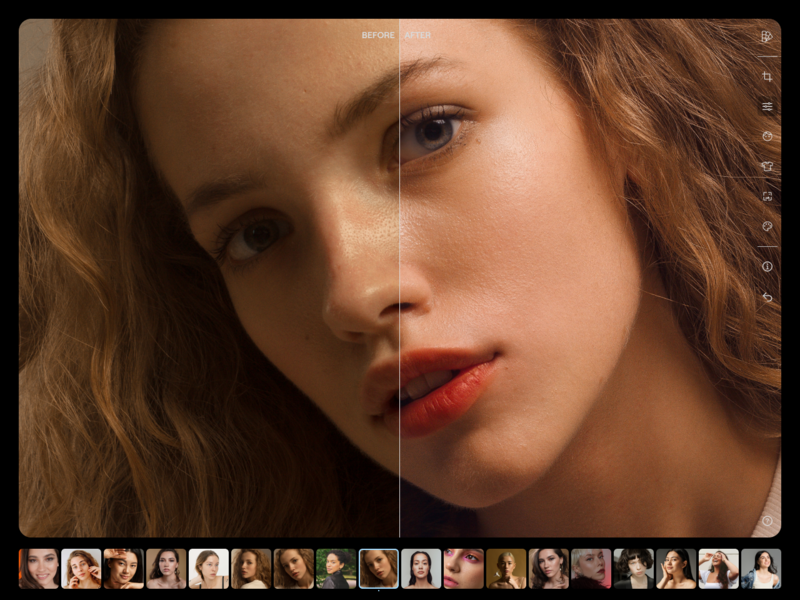 Portrait of a woman with reddish-brown wavy hair and red lips, split-screen comparison showing different lighting or editing variations.