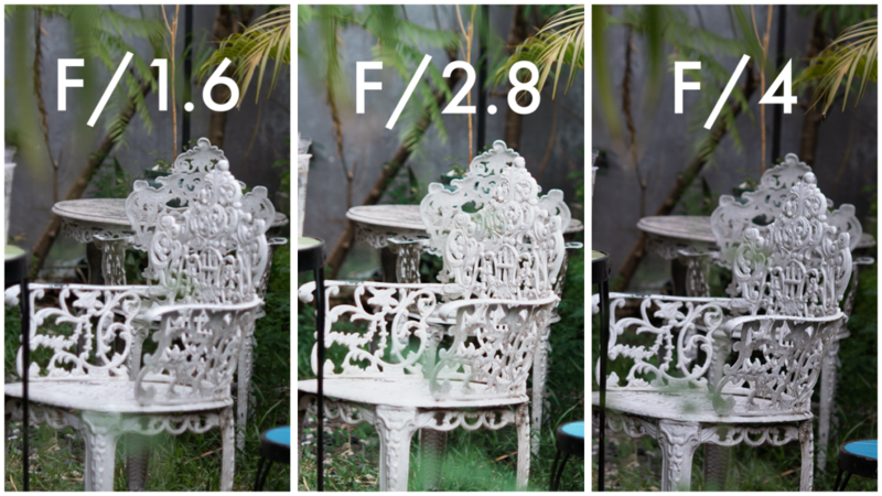 Ornate white metal chair photographed at three aperture settings showing depth of field variation.