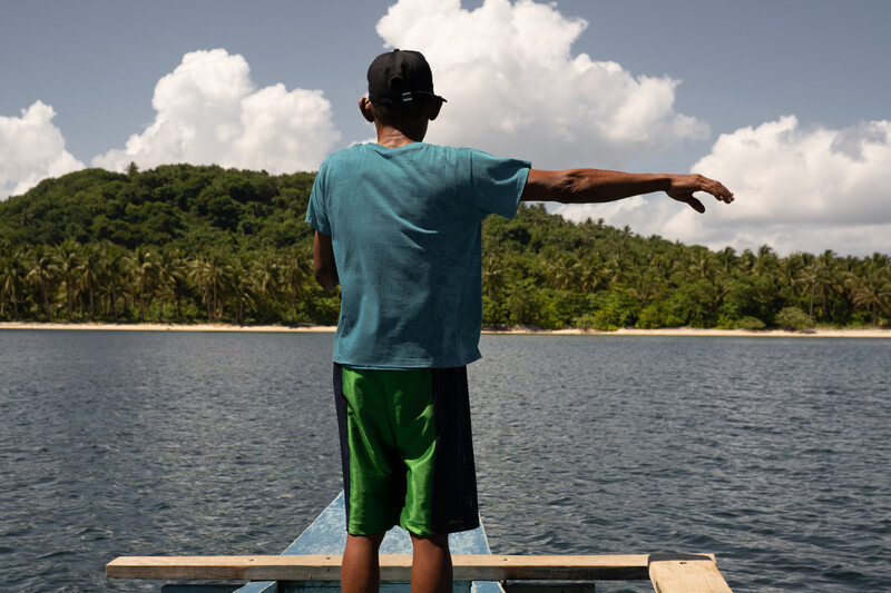 Man standing on wooden platform extending arm toward tropical coastline with forested hills under blue sky with white clouds.