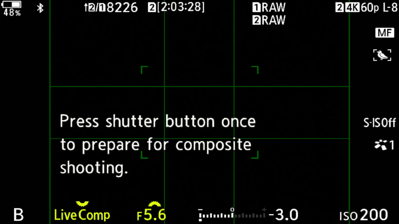 Screenshot of a camera's LCD screen displaying composite shooting mode instructions and camera settings.