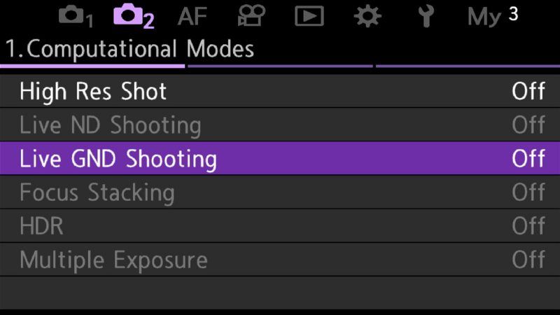 Screenshot of a camera's computational modes menu showing High Res Shot, Live ND Shooting, Live GND Shooting, Focus Stacking, HDR, and Multiple Exposure, all currently disabled.