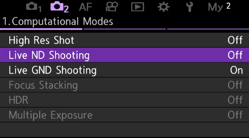 Screenshot of camera computational modes menu showing Live GND Shooting enabled and other features disabled.