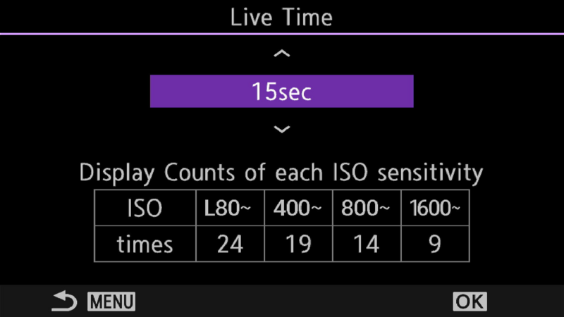 Screenshot of camera menu showing Live Time feature set to 15 seconds with ISO sensitivity count distribution table.