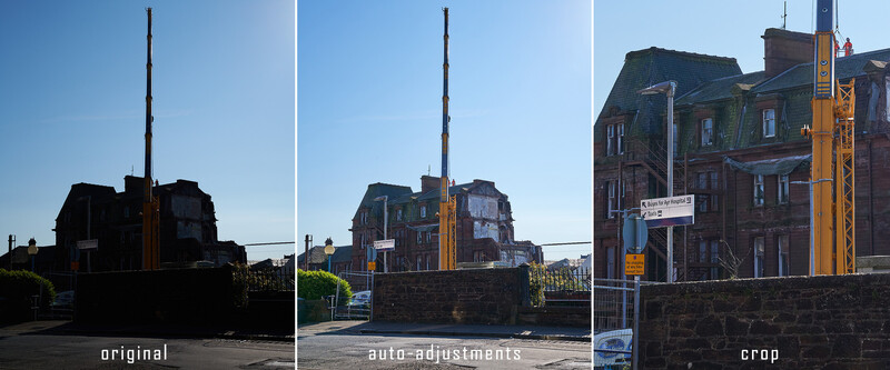 Three side-by-side comparison photos of an industrial building showing original, auto-adjusted, and cropped versions.