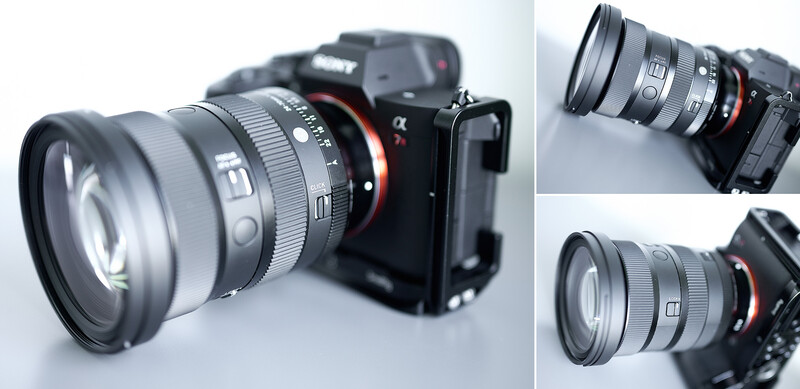 Sony mirrorless camera with fast prime lens mounted, shown from multiple angles with shallow depth of field.