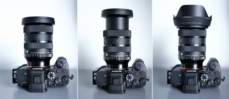 Three Sony mirrorless cameras with different Sigma lenses mounted, displayed side-by-side against a white background.
