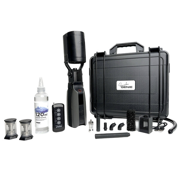 Professional lighting kit with case containing strobe head, reflectors, light modifier, batteries, and accessories.