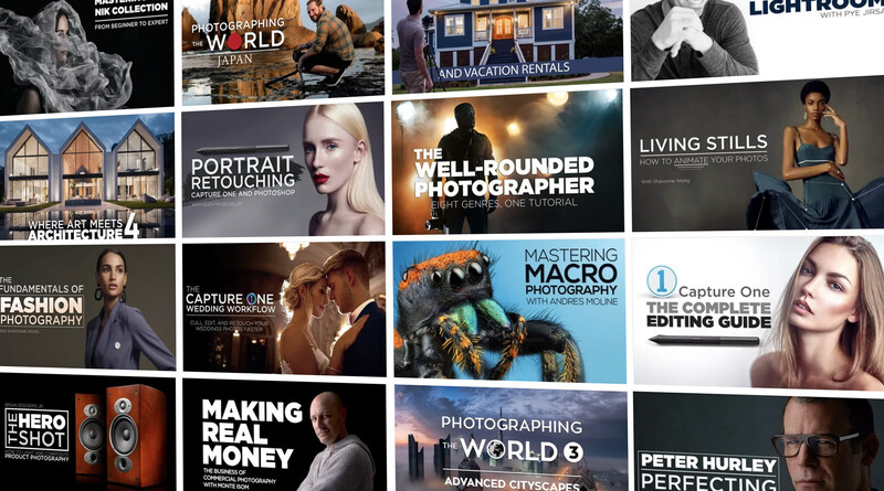 Grid of photography course and tutorial thumbnails covering various techniques and subjects.