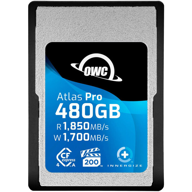 OWC Atlas Pro 480GB CFast memory card displaying 1,850 MB/s read and 1,700 MB/s write speeds.