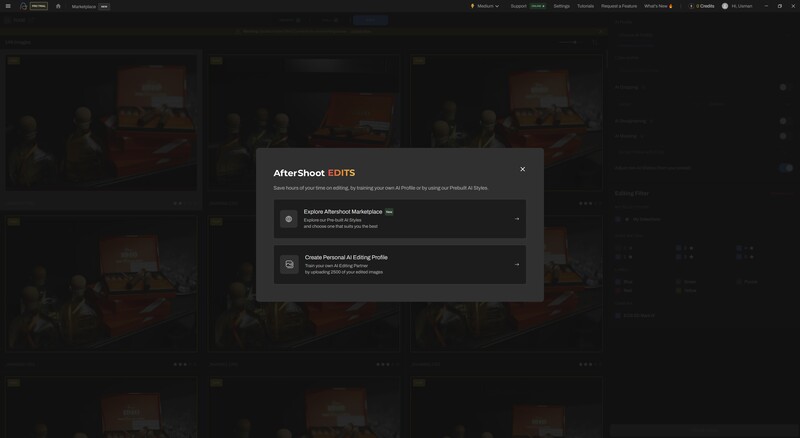Screenshot of AfterShoot EDITS dialog box displaying two editing profile options on a dark background.