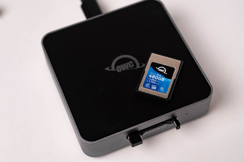 OWC storage device with a blue 480GB SD memory card displayed on its black surface.