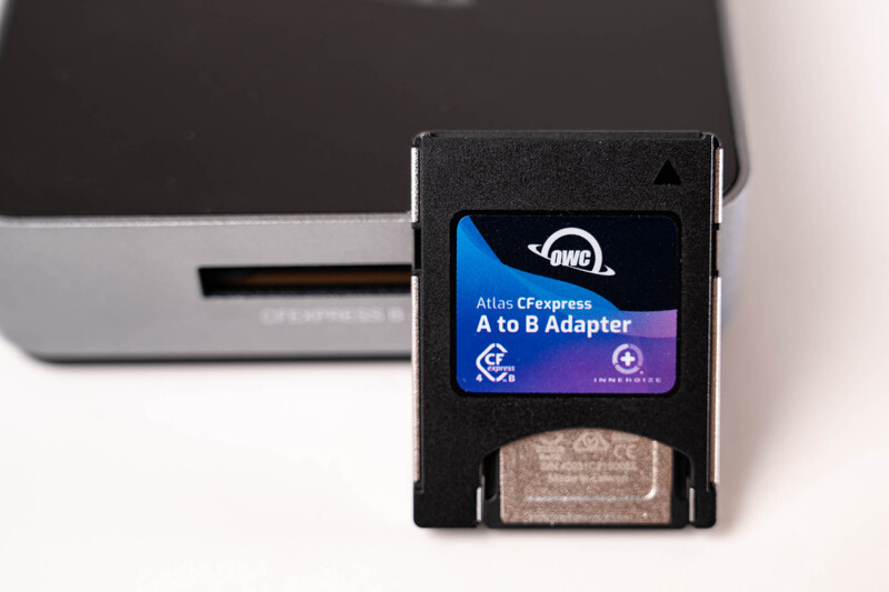 OWC Atlas Express A to B Adapter card inserted into a Mac computer slot.