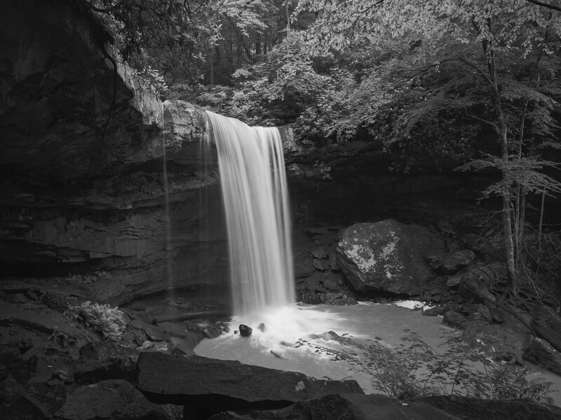 Black and white image of Cucumber Falls Ohiopyle State Park