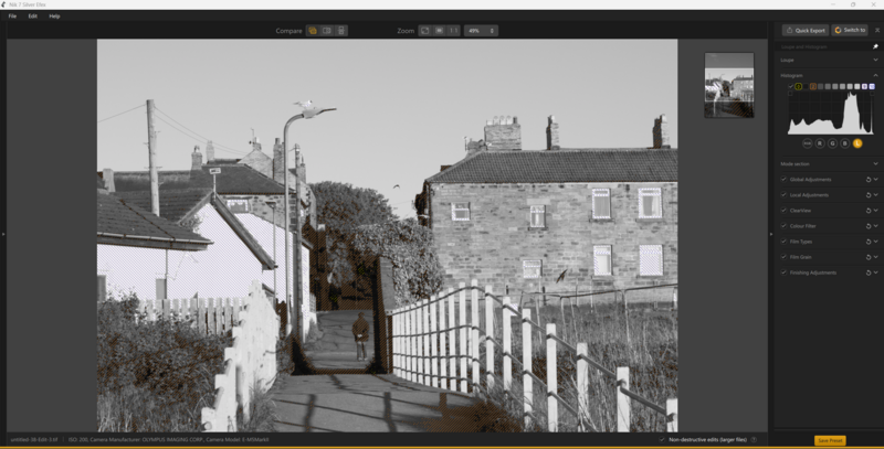 Stone residential buildings along a narrow pathway with metal gate and stairs, rendered in selective color with muted tones.