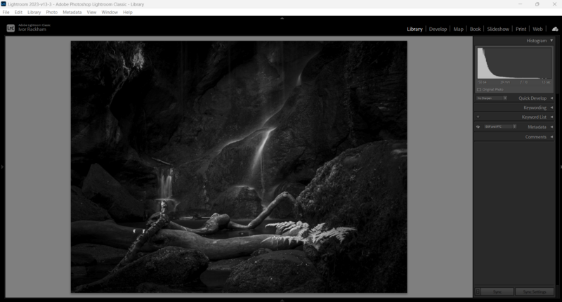 Black and white forest scene with a fallen log in the foreground and a waterfall streaming through misty rocks in the background.