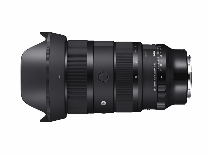 Wide-angle zoom lens with hood attached, shown in profile against a white background.
