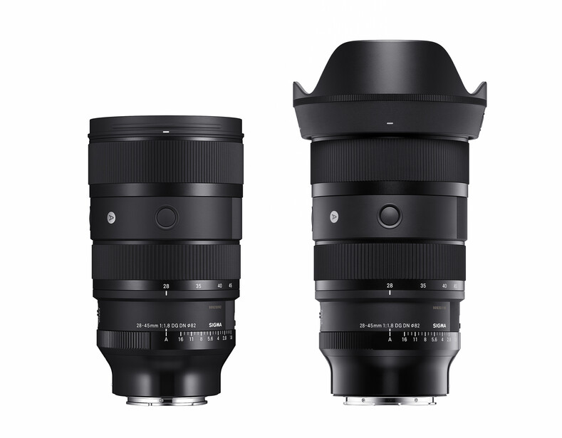 Two black camera lenses shown side-by-side for comparison, one without and one with a lens hood attached.