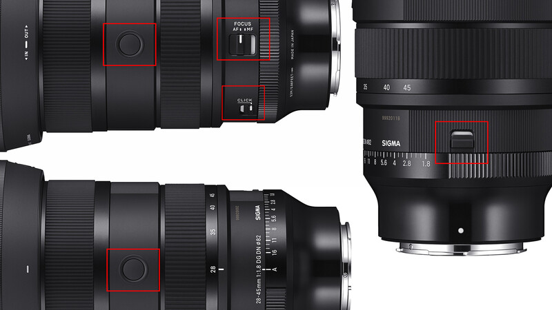 Four Sigma lenses with focus rings and aperture controls highlighted in red boxes.