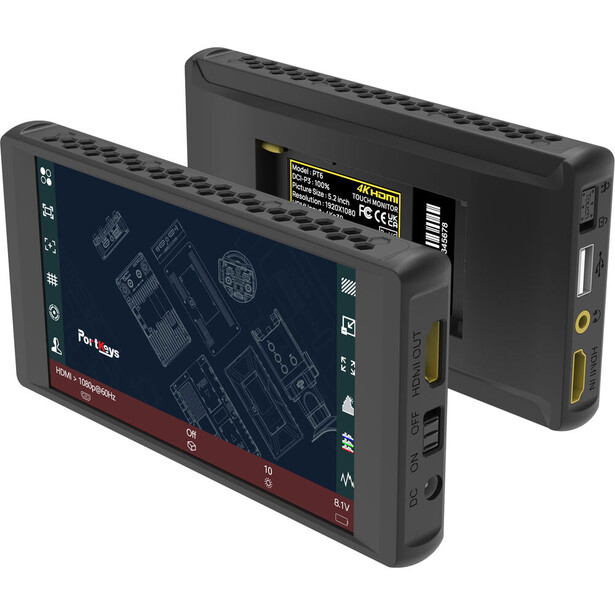 Front and back views of a rugged portable display device with touchscreen interface and physical ports.