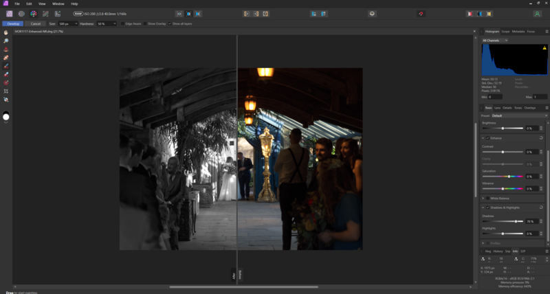 Screenshot of photo editing software showing before/after comparison of a street scene with lanterns and people.