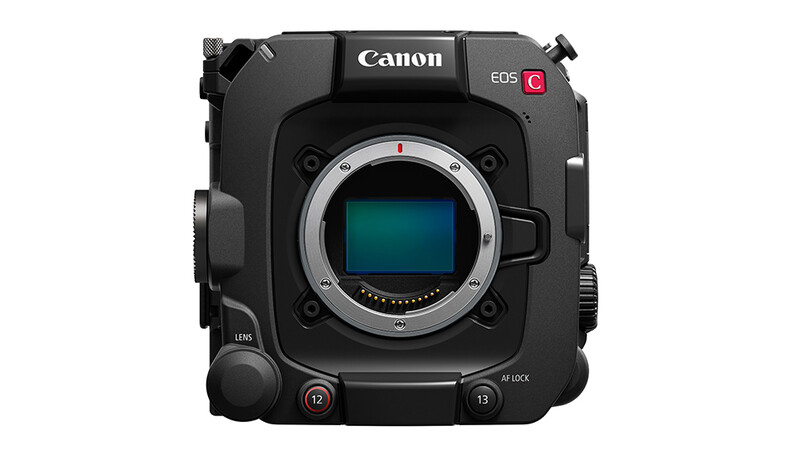 Canon EOS C camera body with open sensor bay and mounted control buttons.