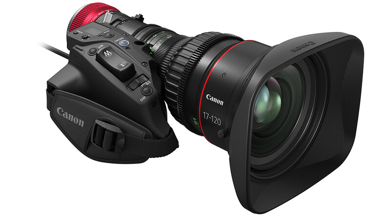 Canon cinema camera with 17-120mm zoom lens and professional video controls.