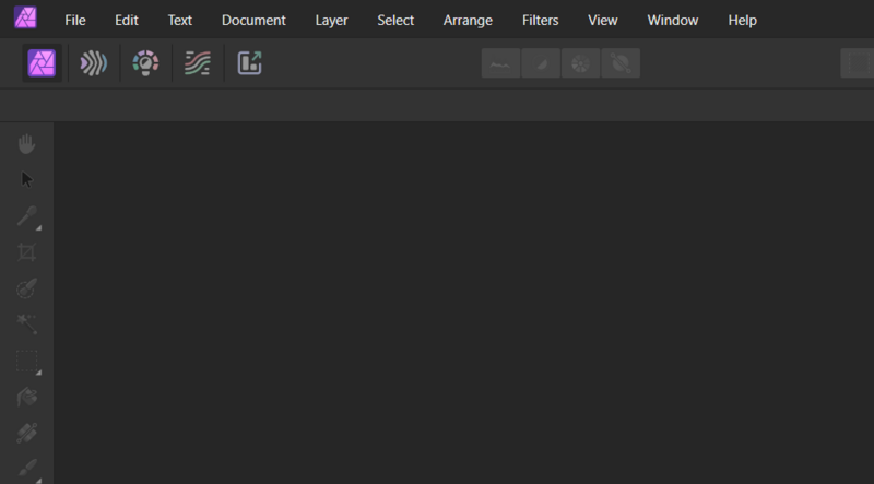 Screenshot of Affinity Photo's main interface with menu bar and toolbox panel.