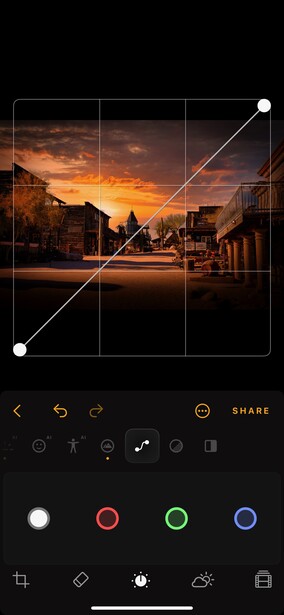 Screenshot of mobile photo editing interface showing a street scene at sunset with grid overlay and adjustment tools.