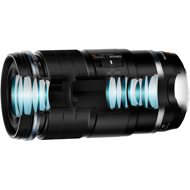 Cross-section diagram of a telephoto lens showing internal optical elements and glass lens groups.