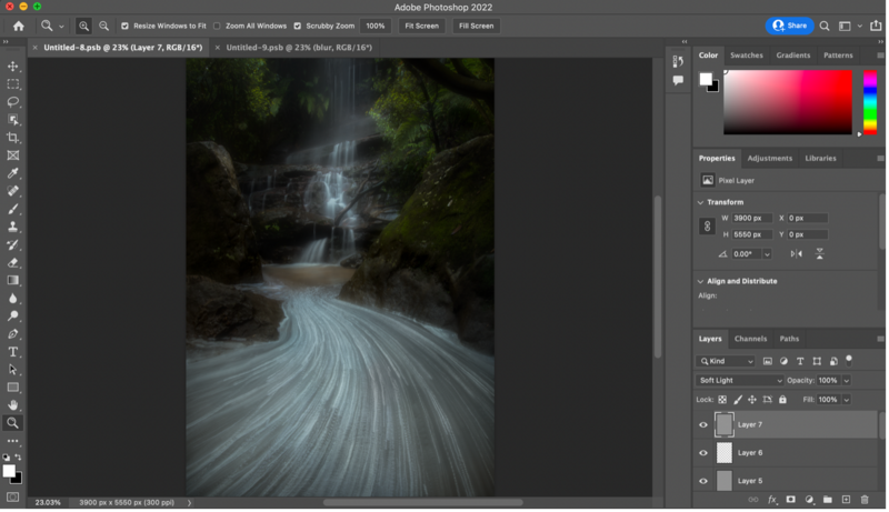 Screenshot of Adobe Photoshop 2022 with a long-exposure waterfall photograph open in the editor.