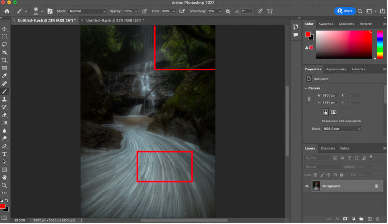 Screenshot of Adobe Photoshop showing a long exposure photograph of a flowing stream with selection rectangles overlaid on the canvas.