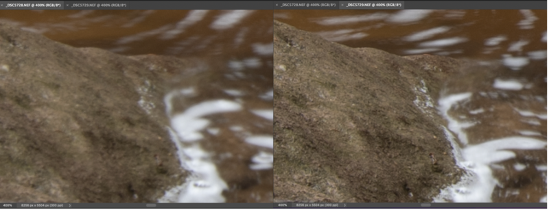 Side-by-side comparison of aerial terrain imagery at different resolutions showing mountain slopes and snow patches.
