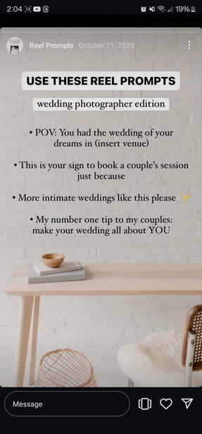 Screenshot of wedding photography reel prompts for Instagram, displayed on a mobile phone screen.