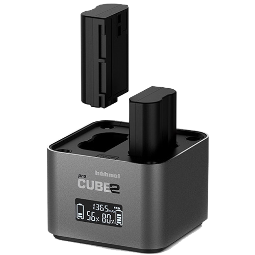 Hahnel Cube2 dual-battery charging station with two black battery units and digital display showing charge status.